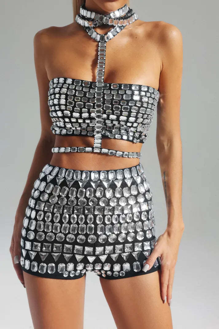Silver Collar Diamonate-Embellished Cutout Top & Shorts Party Cocktail Set | Mix Mix Style