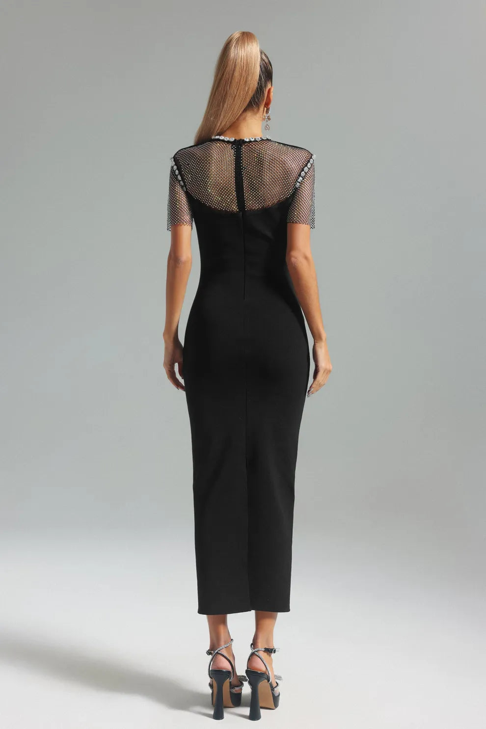 black short sleeves embellished Diamonate mesh Bandage party Midi Dress | Mix Mix Style