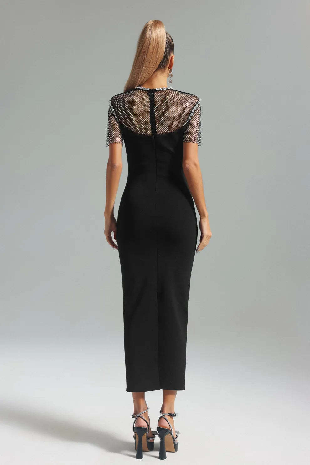 black short sleeves embellished Diamonate mesh Bandage party Midi Dress | Mix Mix Style