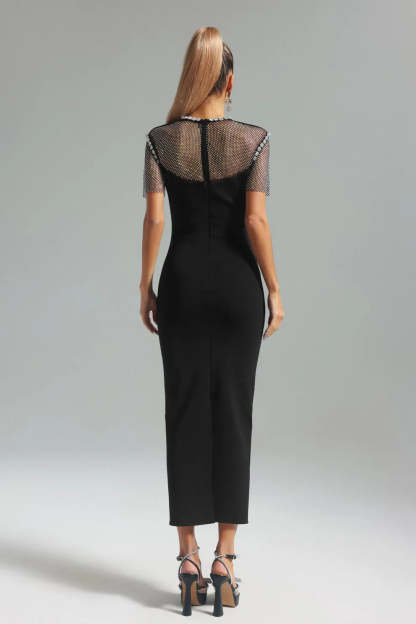 black short sleeves embellished Diamonate mesh Bandage party Midi Dress | Mix Mix Style