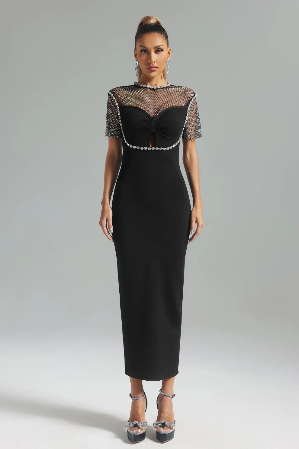 black short sleeves embellished Diamonate mesh Bandage party Midi Dress | Mix Mix Style