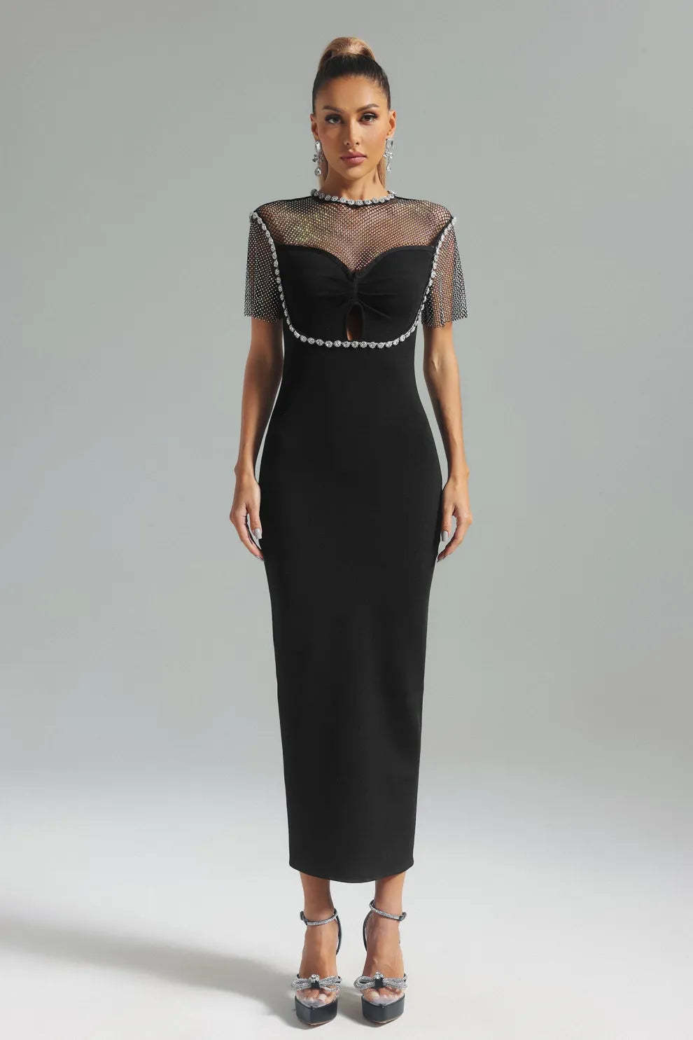 black short sleeves embellished Diamonate mesh Bandage party Midi Dress | Mix Mix Style-Mix MIx Style
