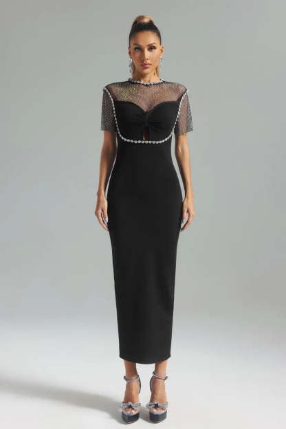 black short sleeves embellished Diamonate mesh Bandage party Midi Dress | Mix Mix Style
