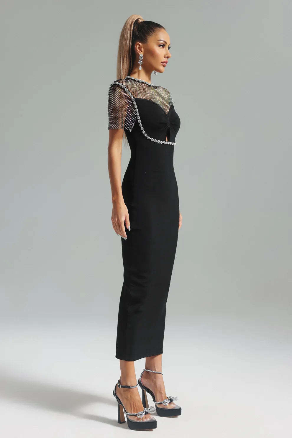black short sleeves embellished Diamonate mesh Bandage party Midi Dress | Mix Mix Style