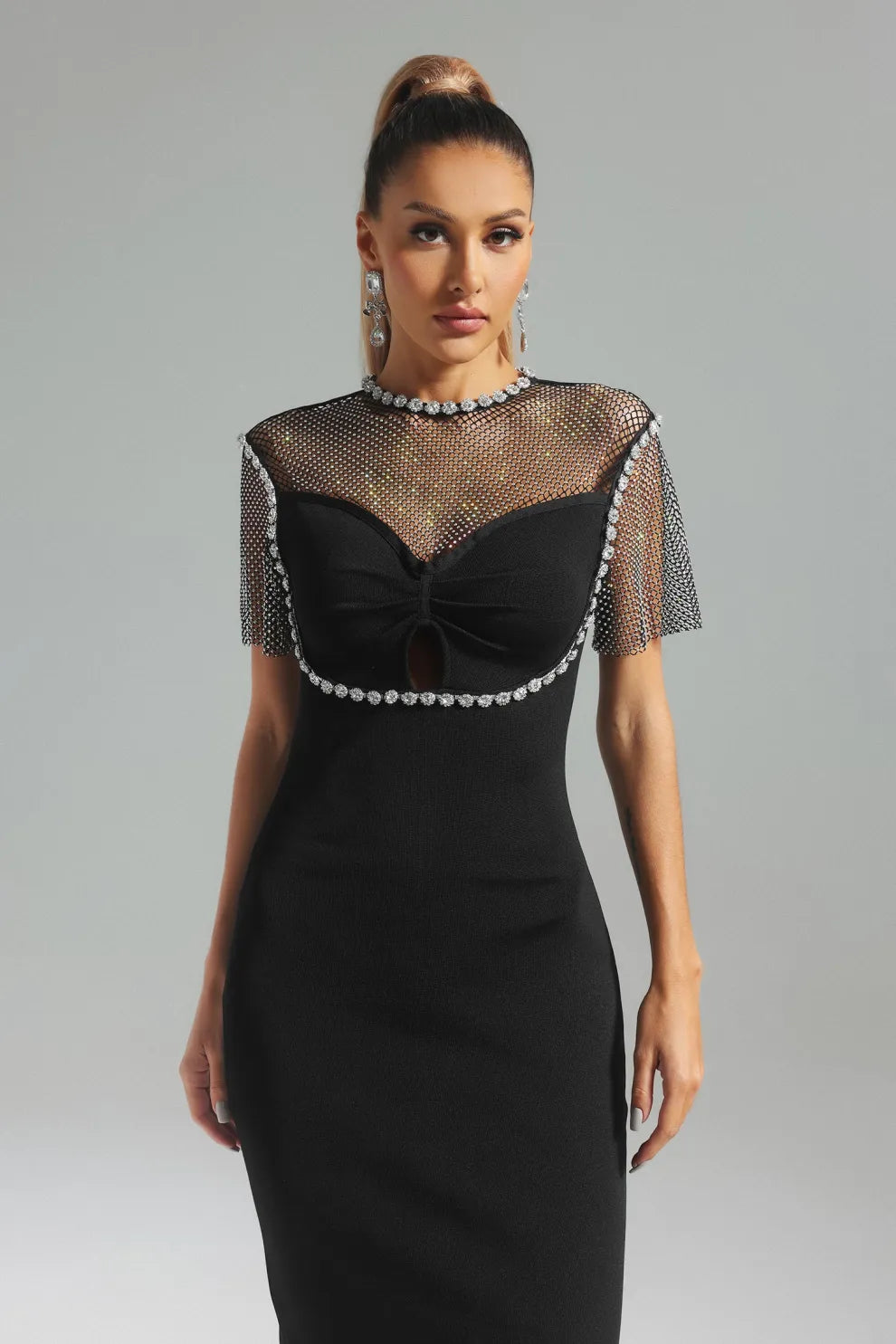 black short sleeves embellished Diamonate mesh Bandage party Midi Dress | Mix Mix Style