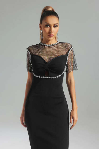 black short sleeves embellished Diamonate mesh Bandage party Midi Dress | Mix Mix Style