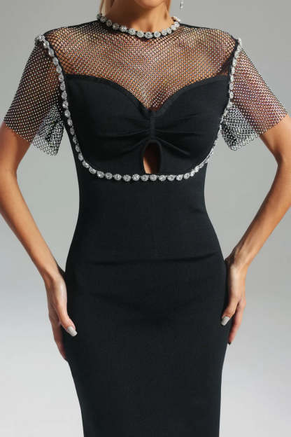 black short sleeves embellished Diamonate mesh Bandage party Midi Dress | Mix Mix Style