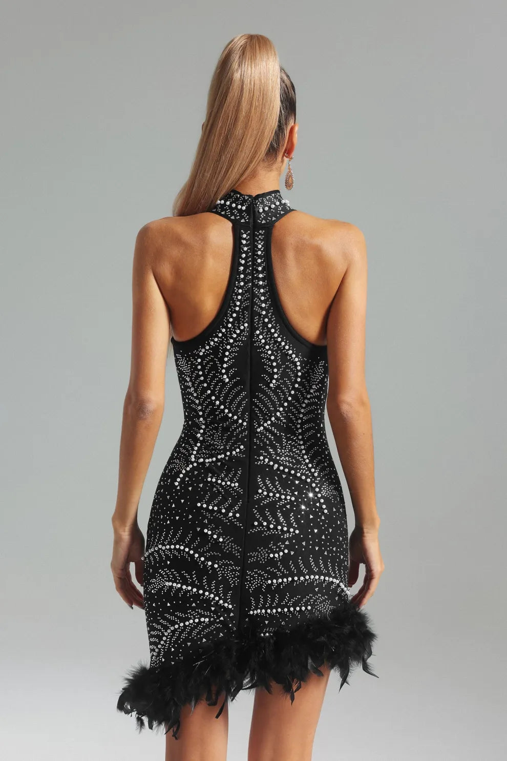 black halterneck sleeveless feather diamonate Embellished cocktail birthday Mini Dress | Mix Mix Style