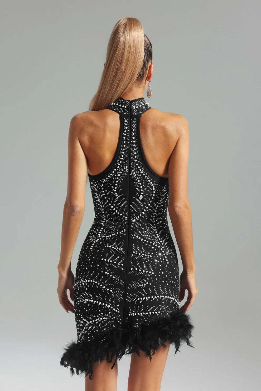 black halterneck sleeveless feather diamonate Embellished cocktail birthday Mini Dress | Mix Mix Style