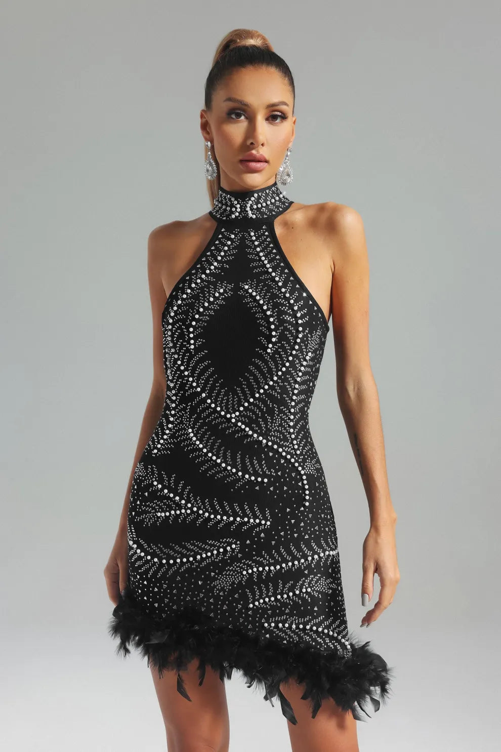 black halterneck sleeveless feather diamonate Embellished cocktail birthday Mini Dress | Mix Mix Style