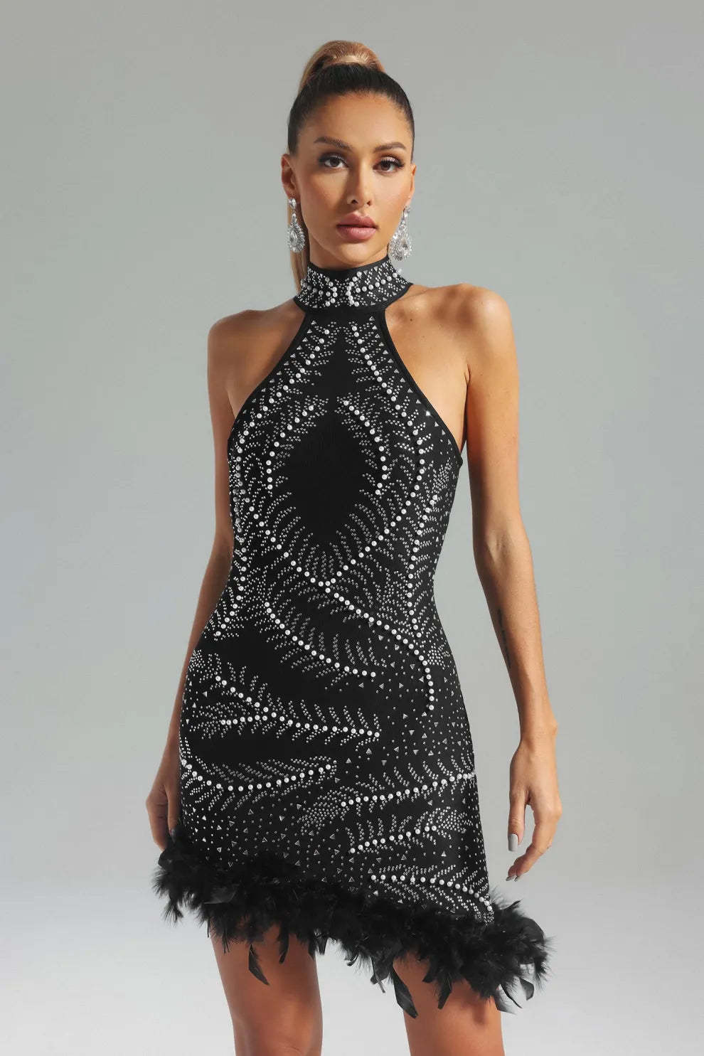 black halterneck sleeveless feather diamonate Embellished cocktail birthday Mini Dress | Mix Mix Style