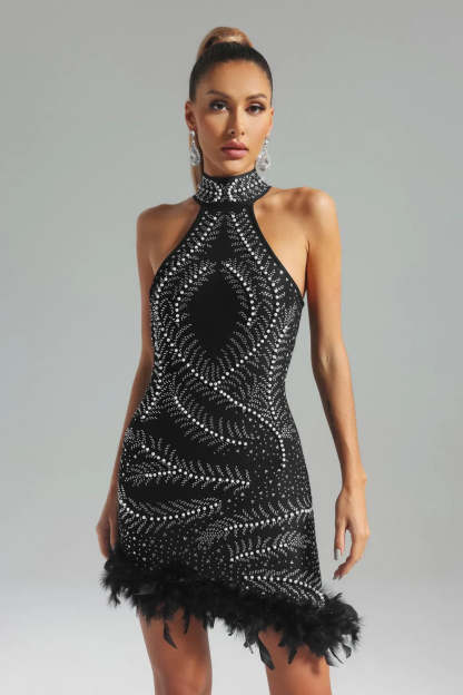 black halterneck sleeveless feather diamonate Embellished cocktail birthday Mini Dress | Mix Mix Style