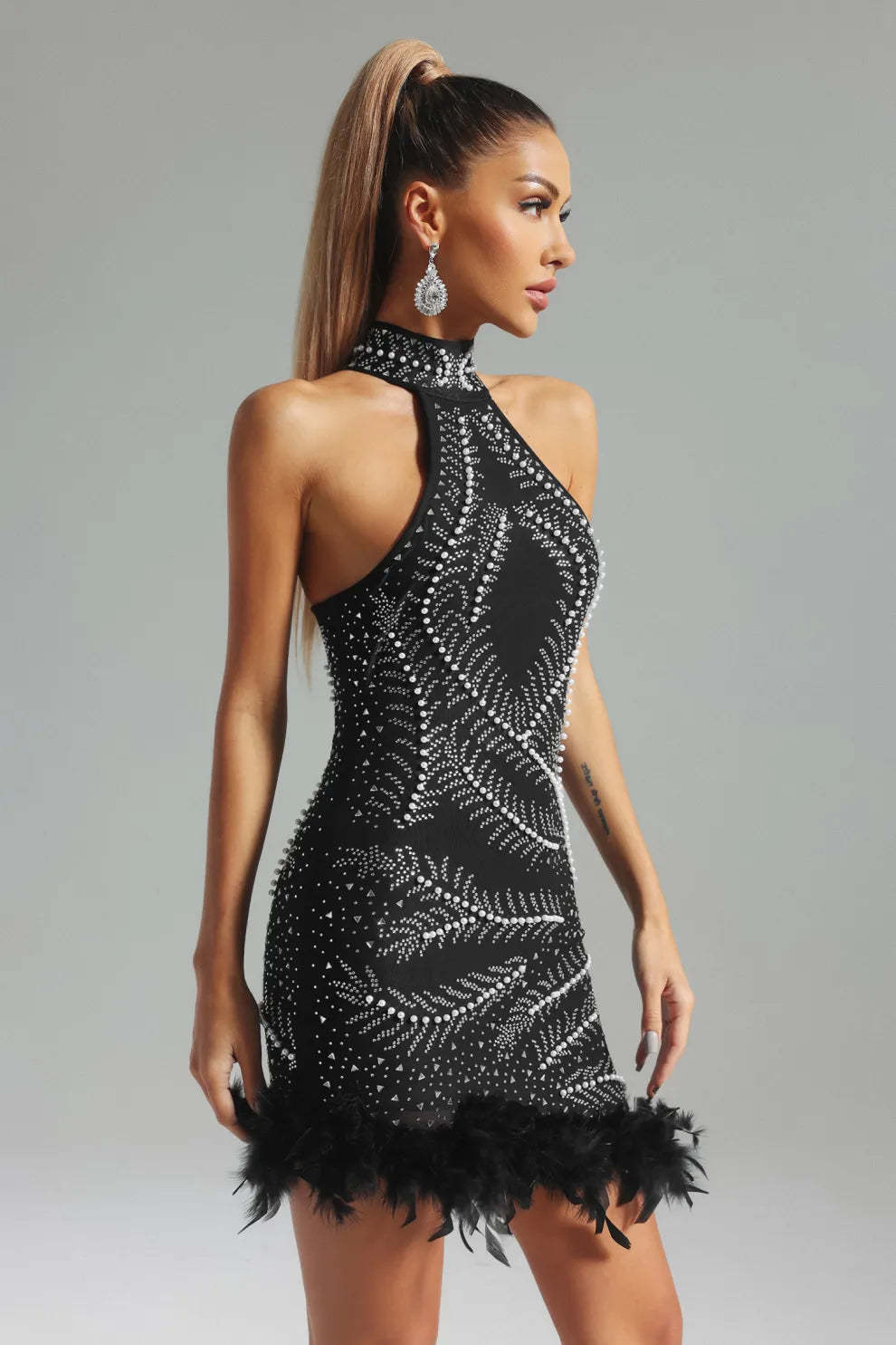 black halterneck sleeveless feather diamonate Embellished cocktail birthday Mini Dress | Mix Mix Style