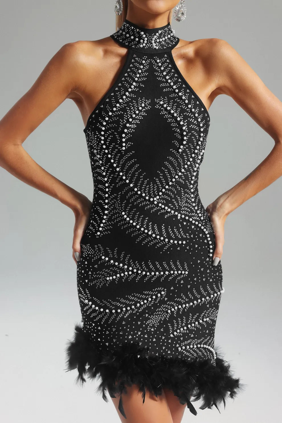 black halterneck sleeveless feather diamonate Embellished cocktail birthday Mini Dress | Mix Mix Style