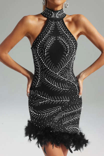 black halterneck sleeveless feather diamonate Embellished cocktail birthday Mini Dress | Mix Mix Style