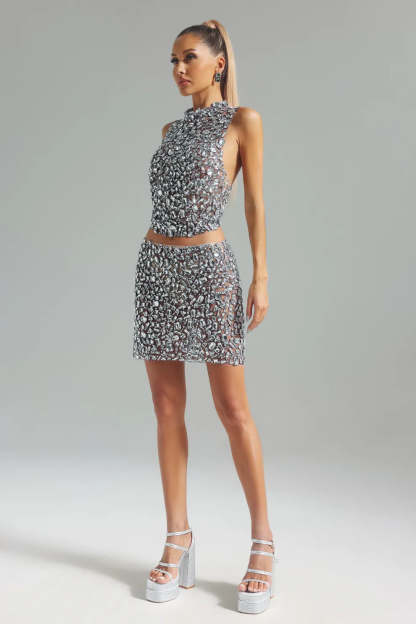 silver metallic stand dollar sleeveless full Diamond-Embellished top & mini skirt Set | Mix Mix Style