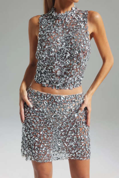 silver metallic stand dollar sleeveless full Diamond-Embellished top & mini skirt Set | Mix Mix Style