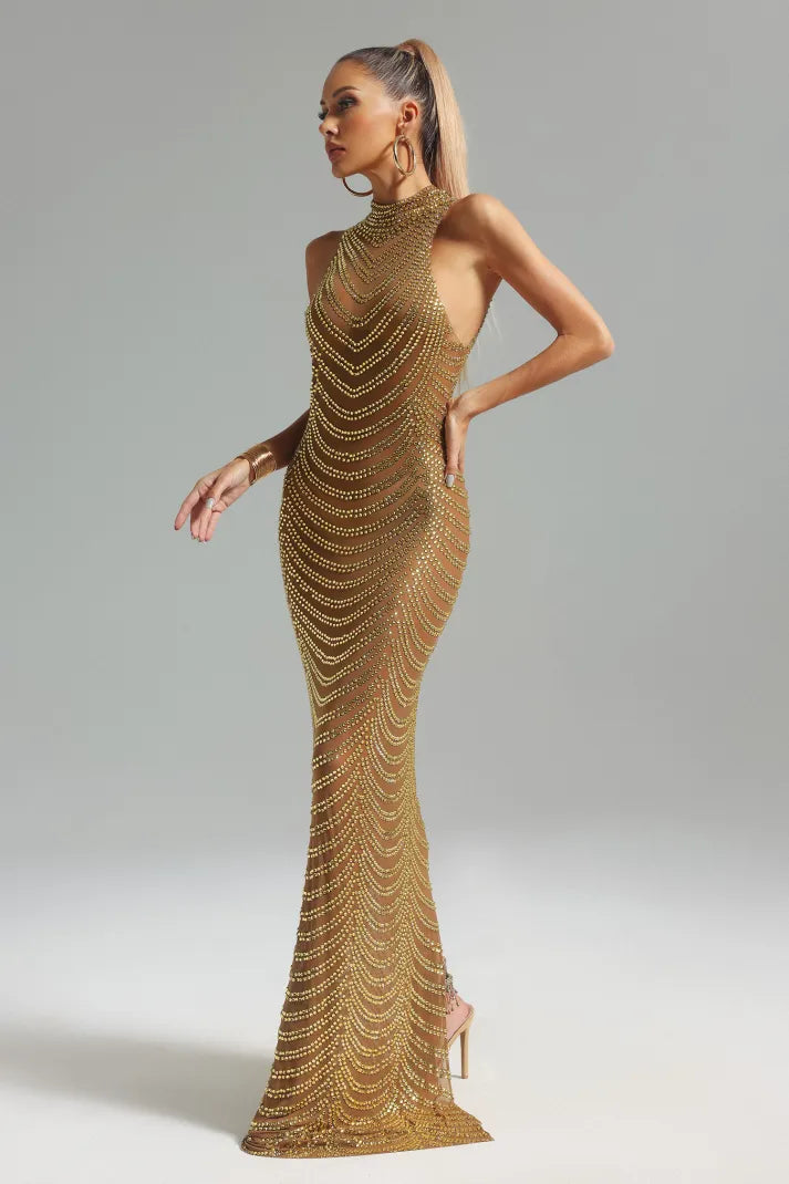 Gold Stand-collar See-through Sleeveless Diamonate Mesh Party Maxi Dress | Mix Mix Style
