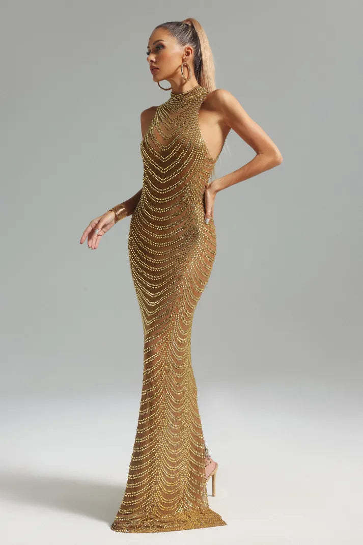 Gold Stand-collar See-through Sleeveless Diamonate Mesh Party Maxi Dress | Mix Mix Style