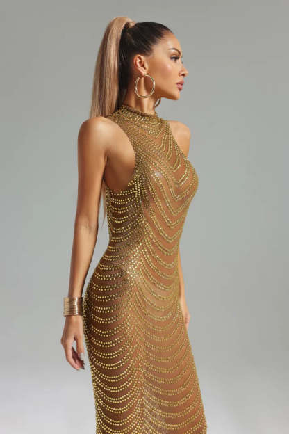 Gold Stand-collar See-through Sleeveless Diamonate Mesh Party Maxi Dress | Mix Mix Style