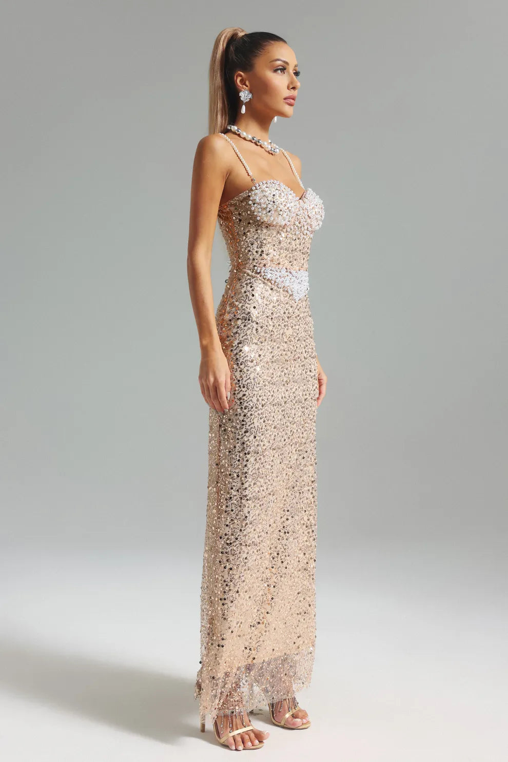 Apricot Strappy Pearls Emebllished Sequins Summer Prom Maxi Dress | Mix Mix Style