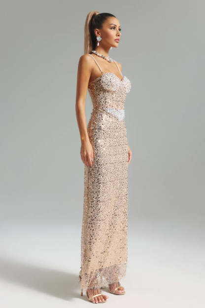 Apricot Strappy Pearls Emebllished Sequins Summer Prom Maxi Dress | Mix Mix Style
