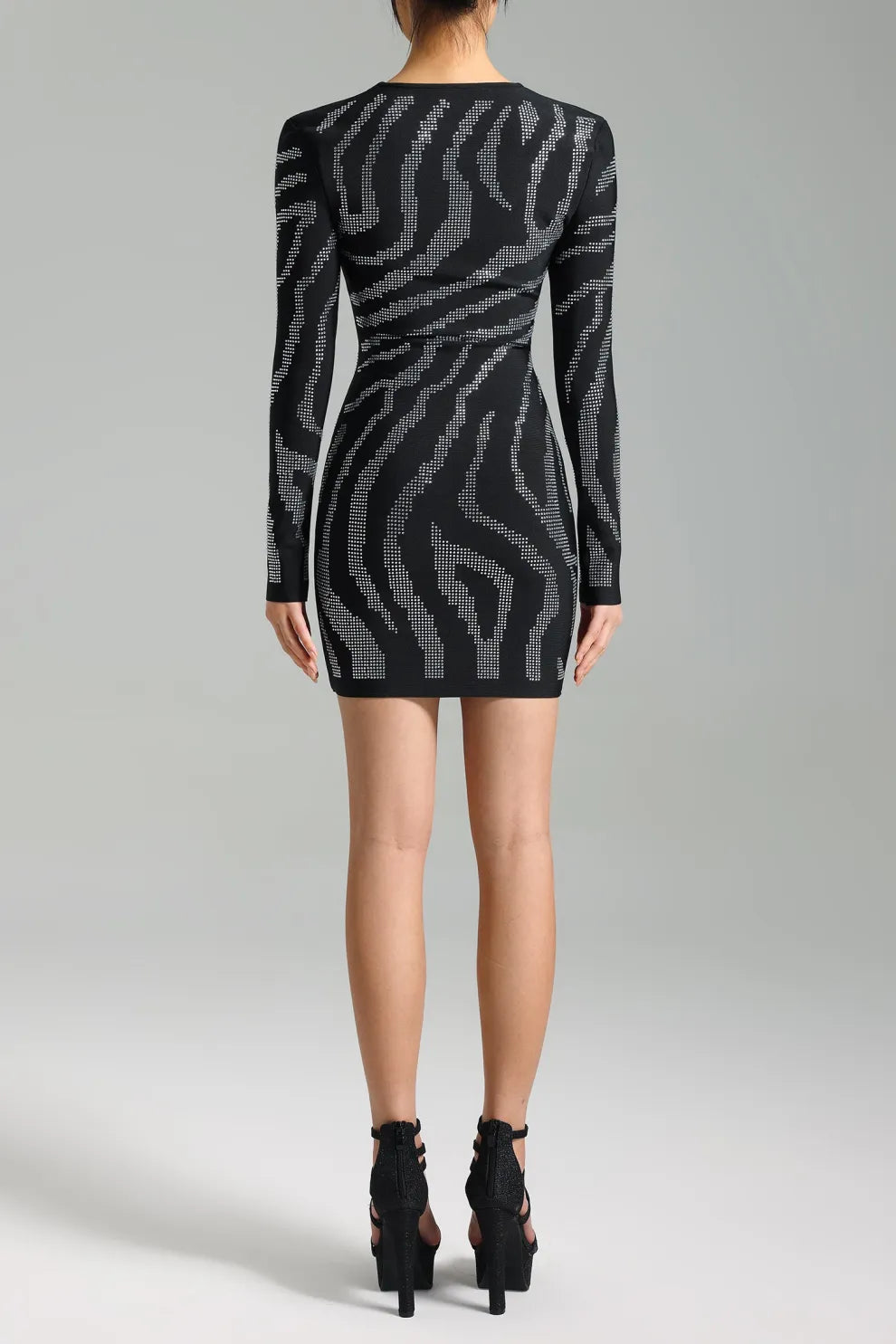 black square neck long sleeve buttons Diamonate evening party mini Dress | Mix Mix Style