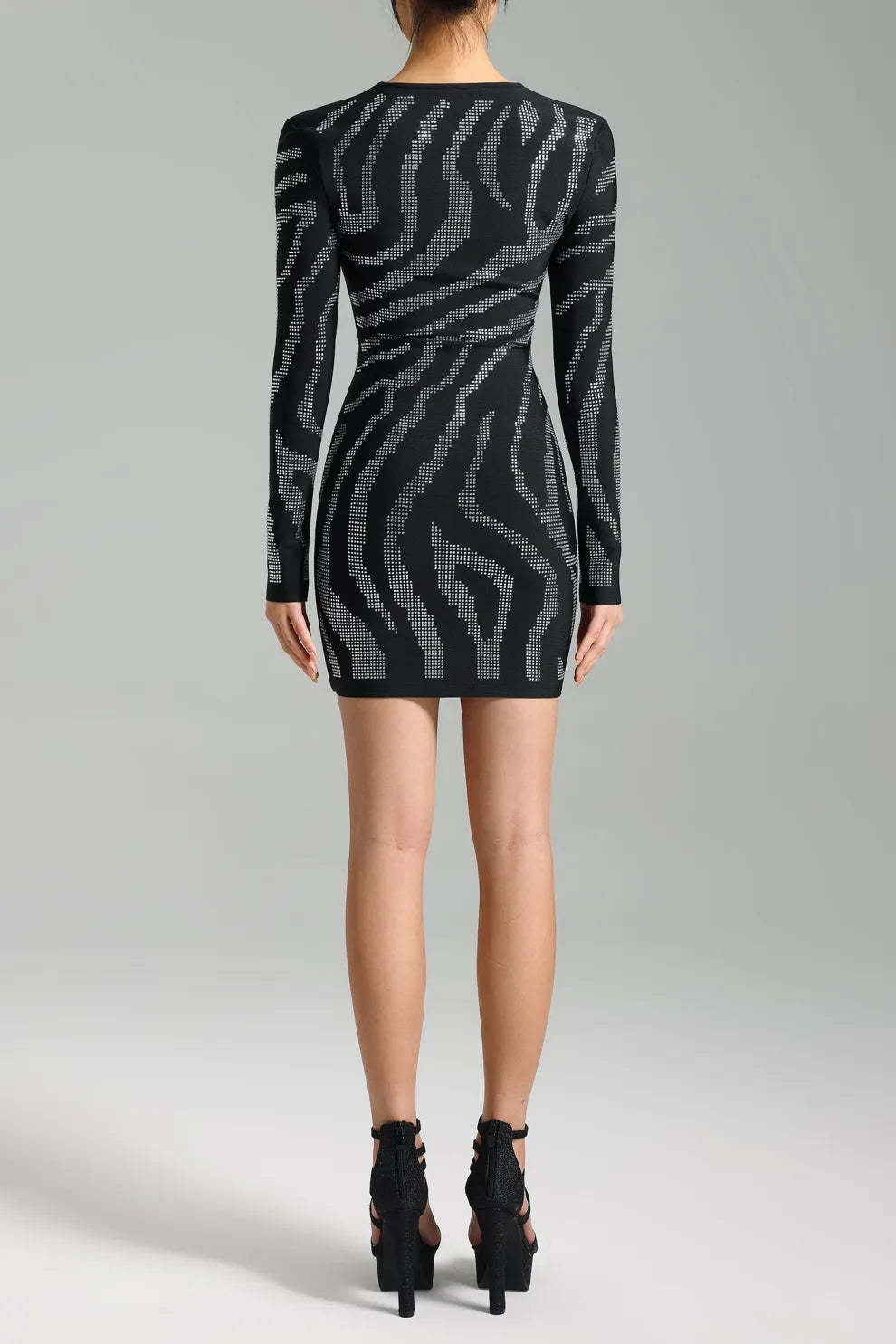 black square neck long sleeve buttons Diamonate evening party mini Dress | Mix Mix Style