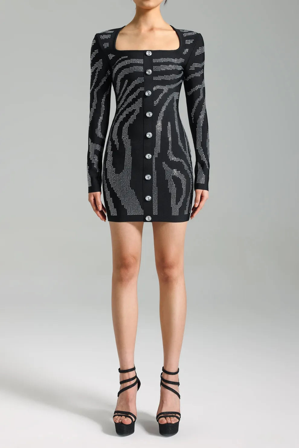 black square neck long sleeve buttons Diamonate evening party mini Dress | Mix Mix Style