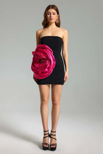 black strapless tube with pink 3D rose flower date party summer Mini Dress | Mix Mix Style