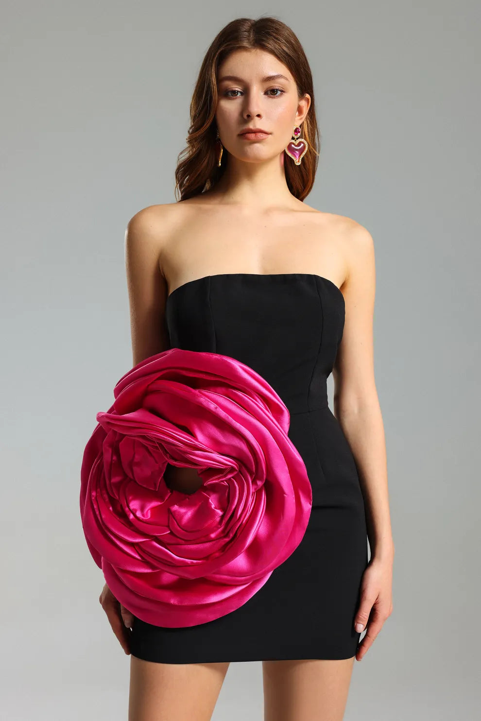 black strapless tube with pink 3D rose flower date party summer Mini Dress | Mix Mix Style