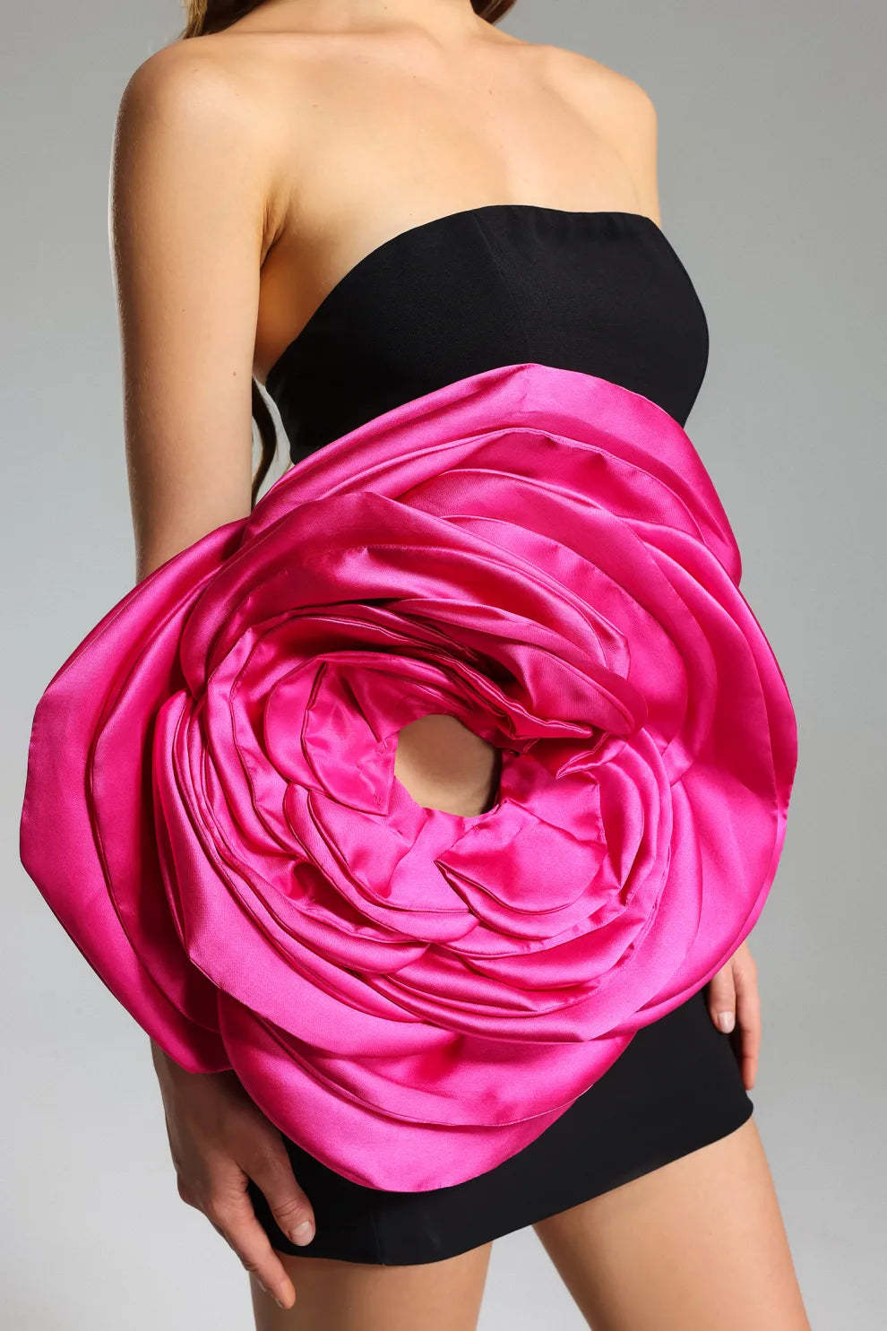 black strapless tube with pink 3D rose flower date party summer Mini Dress | Mix Mix Style