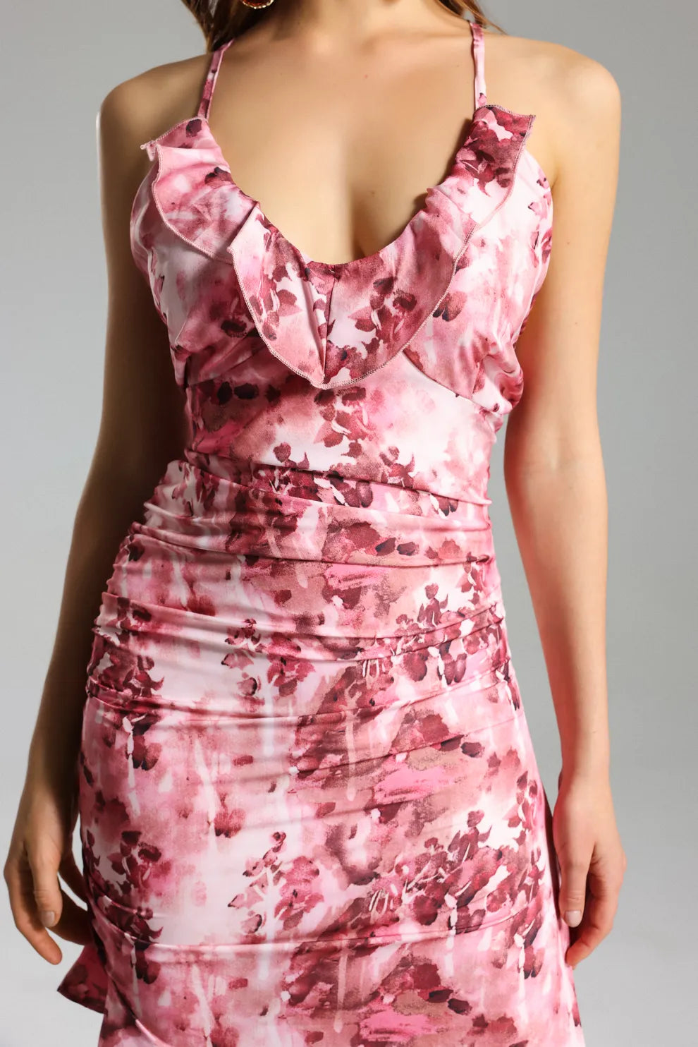 pink v-neck strappy irregular Floral printted Ruffled Skew summer party midi Dress | Mix Mix Style