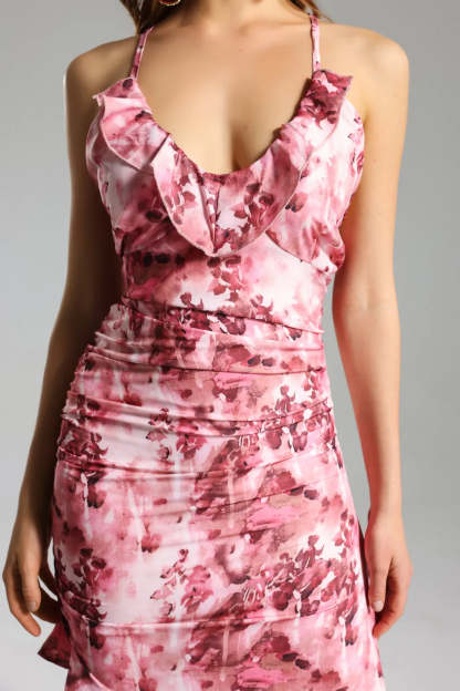 pink v-neck strappy irregular Floral printted Ruffled Skew summer party midi Dress | Mix Mix Style