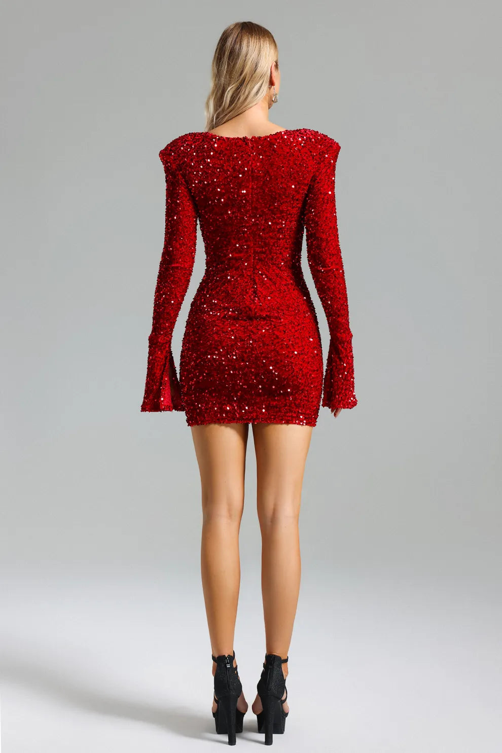 red deep v-neck long sleeves full Sequins ruched cocktail party Mini Dress | Mix Mix Style