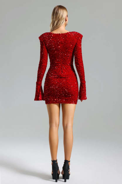 red deep v-neck long sleeves full Sequins ruched cocktail party Mini Dress | Mix Mix Style