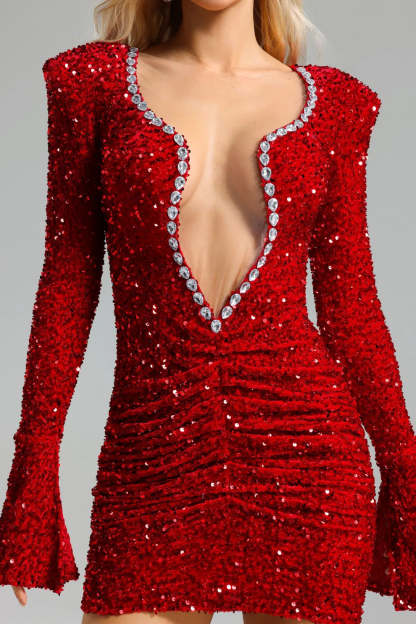 red deep v-neck long sleeves full Sequins ruched cocktail party Mini Dress | Mix Mix Style