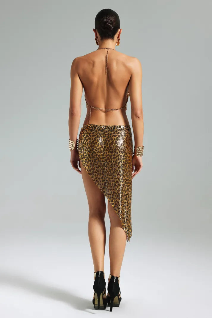 Leopard Metal Chain Strappy V-neck Irregular Halter Cocktail Crop Top & Mini Skirt Set | Mix Mix Style