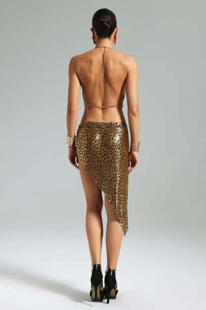 Leopard Metal Chain Strappy V-neck Irregular Halter Cocktail Crop Top & Mini Skirt Set | Mix Mix Style
