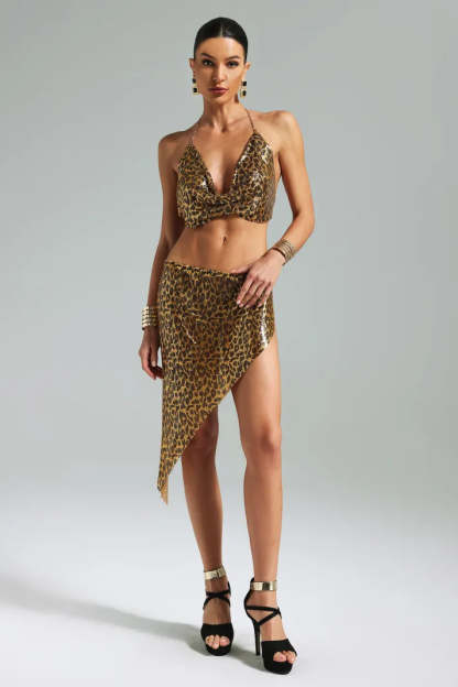 Leopard Metal Chain Strappy V-neck Irregular Halter Cocktail Crop Top & Mini Skirt Set | Mix Mix Style