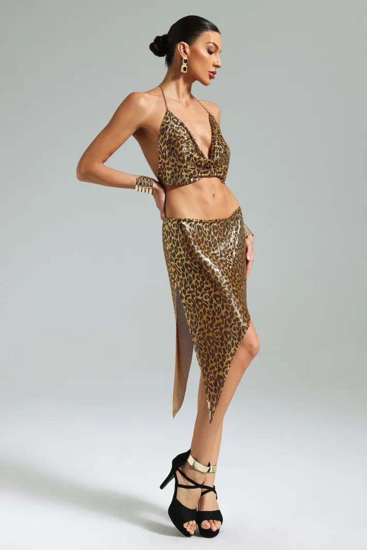 Leopard Metal Chain Strappy V-neck Irregular Halter Cocktail Crop Top & Mini Skirt Set | Mix Mix Style
