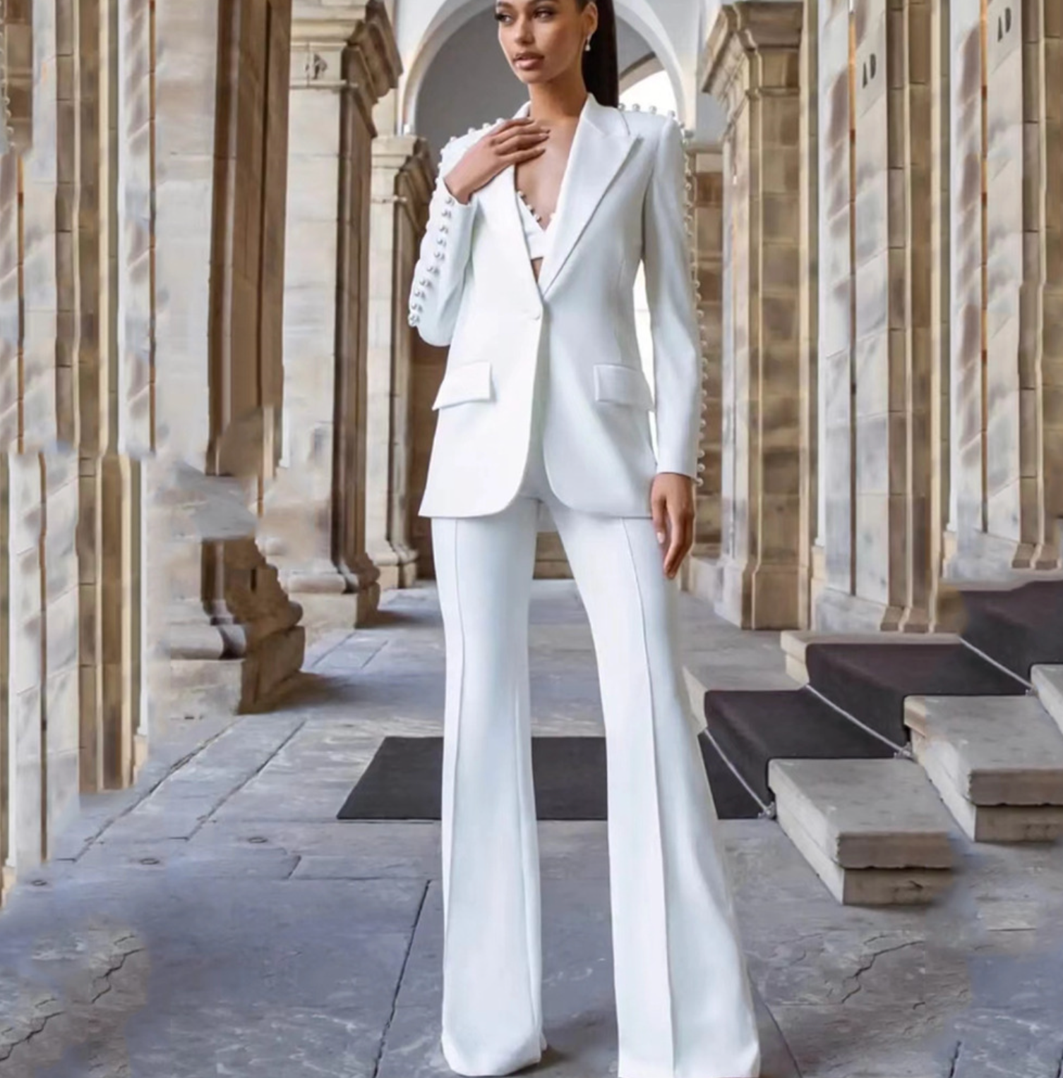Pearl Beaded One-Button Suit & Bell-Bottom Pants Suit Clothing Set | M