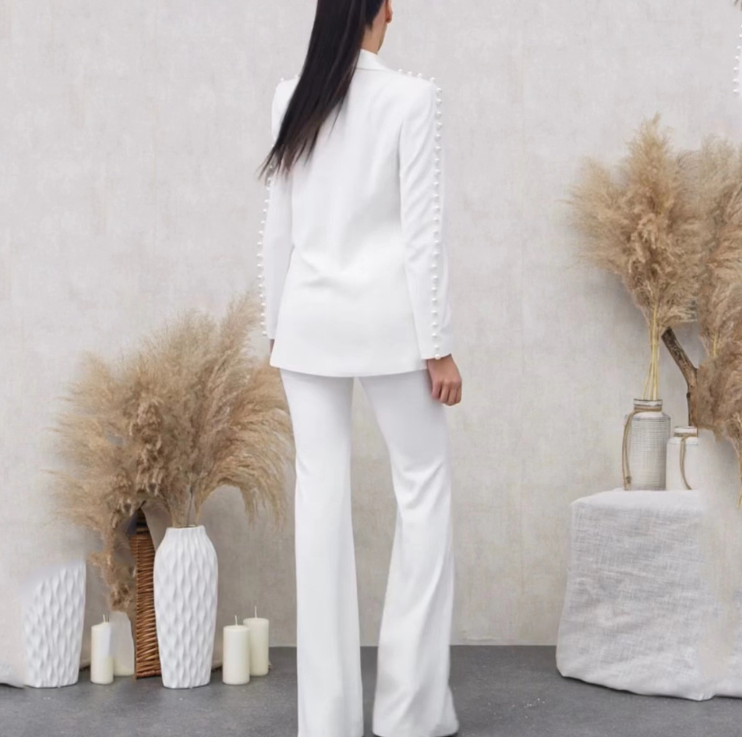 Pearl Beaded One-Button Suit & Bell-Bottom Pants Suit Clothing Set | Mix Mix Style [Hot Seller]