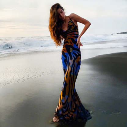 Multicolor Drapped Straps Pattern Flower Printed Backless Holiday Summer Maxi Dress | Mix Mix Style