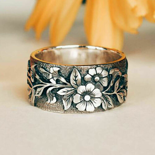 Flowers Bird Retro Textured Classic 18k White Gold Plated Vintage Thic