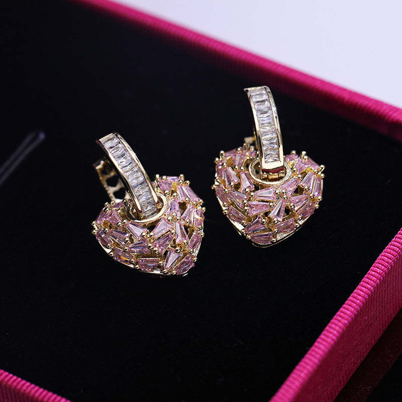 European and American heavy-duty zircon geometric heart earrings for women simple ear buckles square diamond three-dimensional peach heart 2022 new earrings-Mix MIx Style