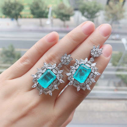 Green Aquamarine Retro Pendant Emerald Cut Diamond Luxury 18k White Gold Plated Necklace Earring Ring Jewelry Set | Mix Mix Style-Mix MIx Style