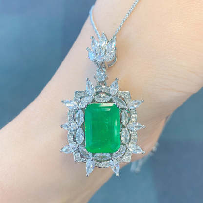 Green Aquamarine Retro Pendant Emerald Cut Diamond Luxury 18k White Gold Plated Necklace Earring Ring Jewelry Set | Mix Mix Style-Mix MIx Style