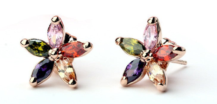 Multicolor Flowers Dainty Marquise Cut Moissanite Diamonds Elegant 18k Vermeil Gold Plated Retro Stud Earrings | Mix Mix Style-Mix MIx Style