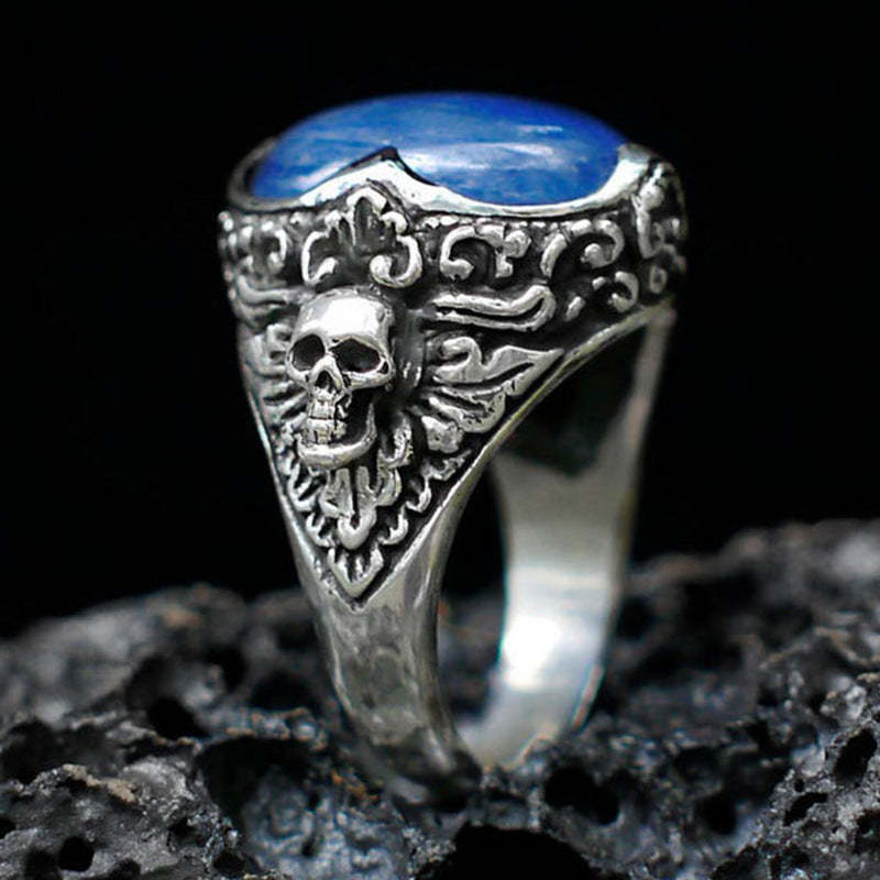 Skull Antique Blue Oval Shaped Gemstone 18k White Gold Plated Retro Ca